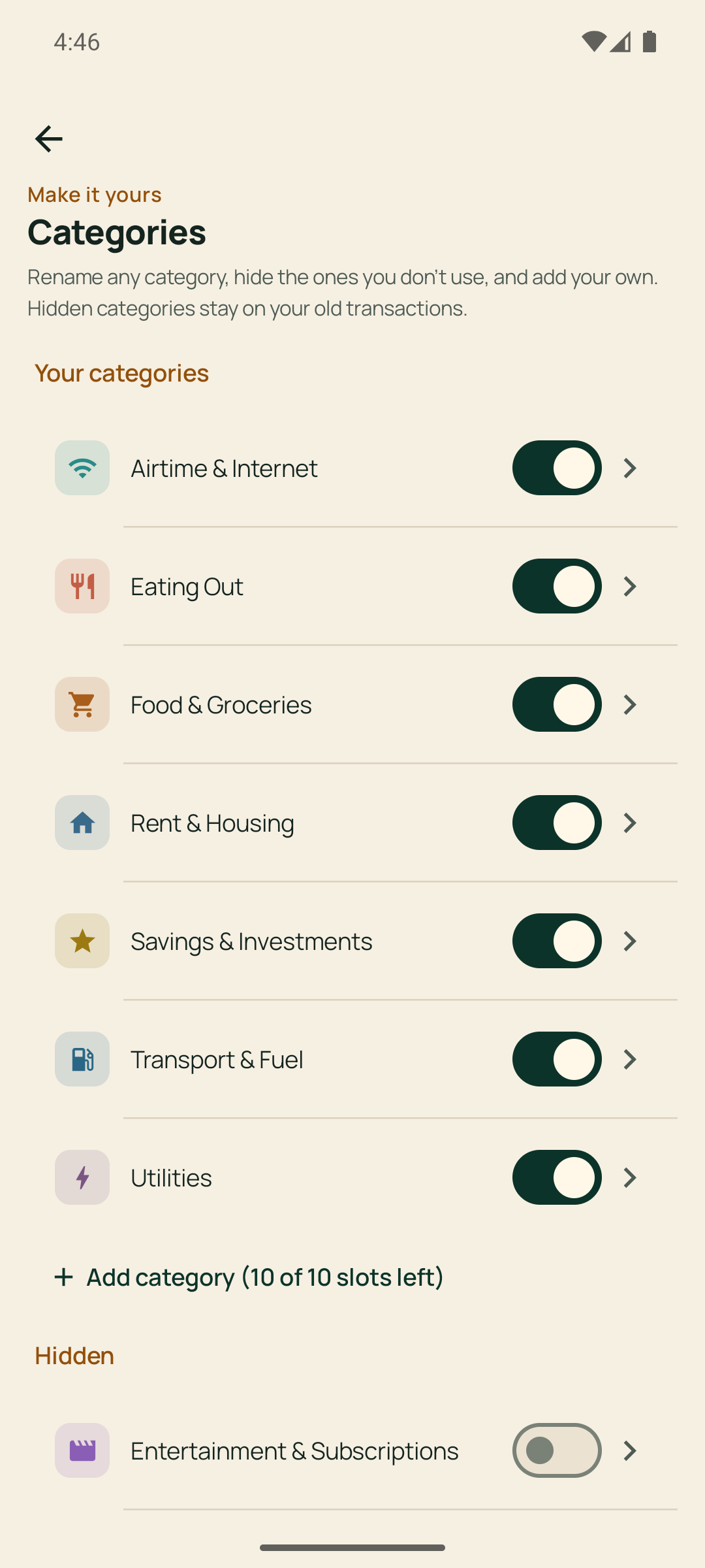 Budget Pesa category settings for renaming, hiding, and adding categories