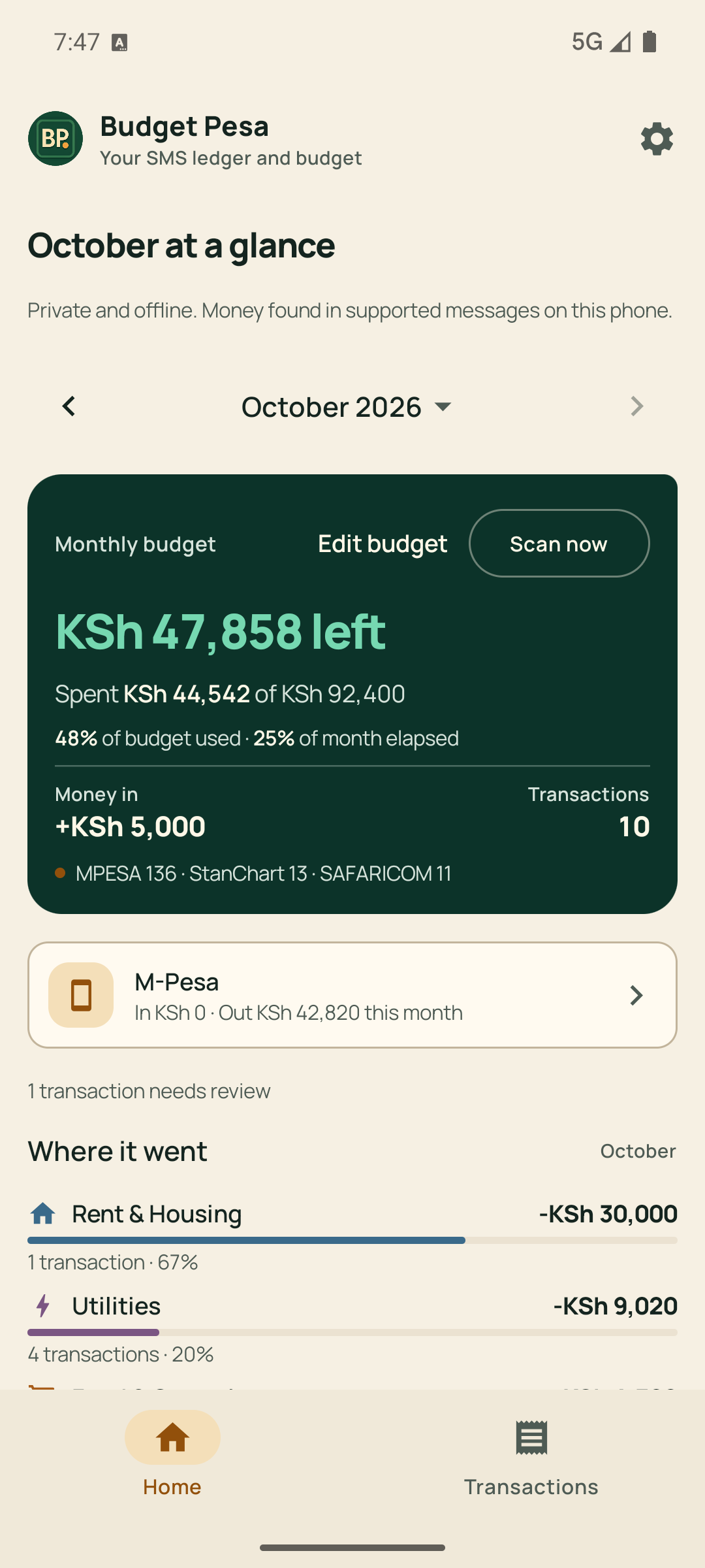 Budget Pesa home screen showing monthly budget progress and categorized spending