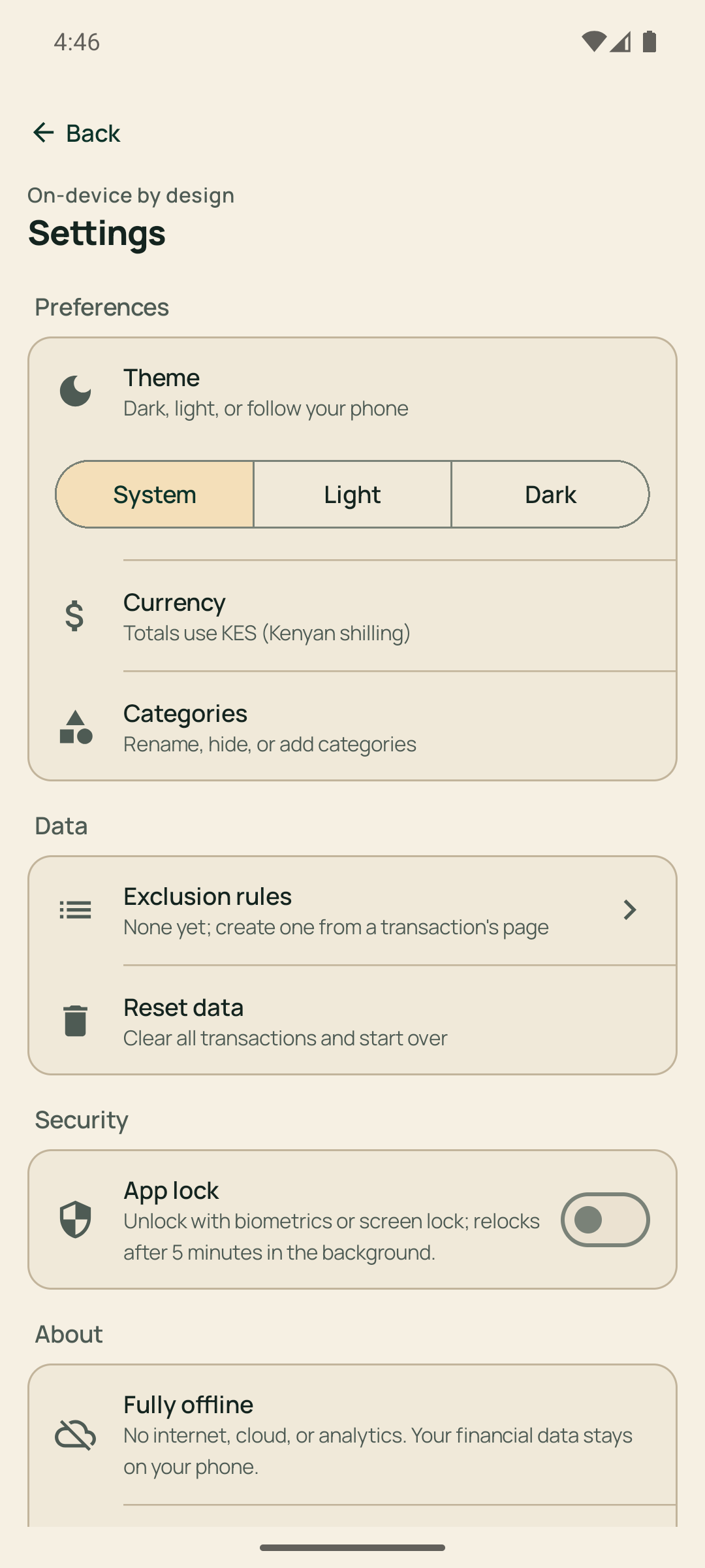 Budget Pesa settings showing theme, categories, exclusion rules, and app lock