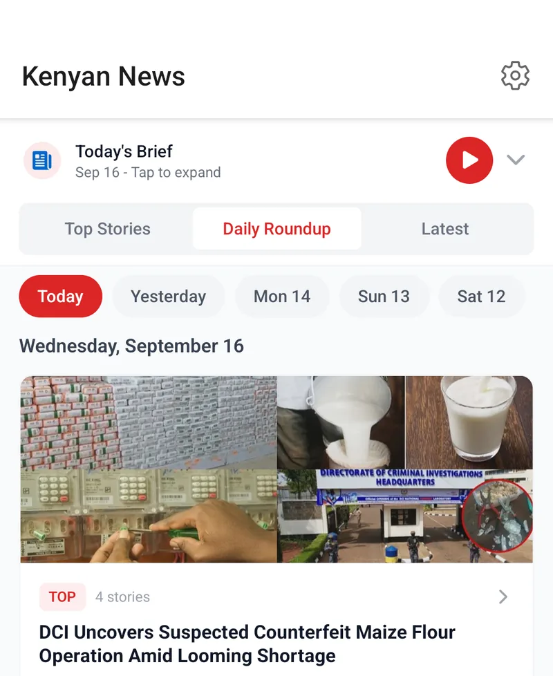 Daily Roundup tab with date chips and grouped story cards