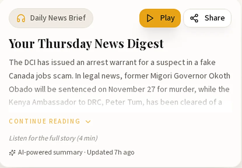 Daily News Brief card on The Online Kenyan homepage with Play and Share buttons