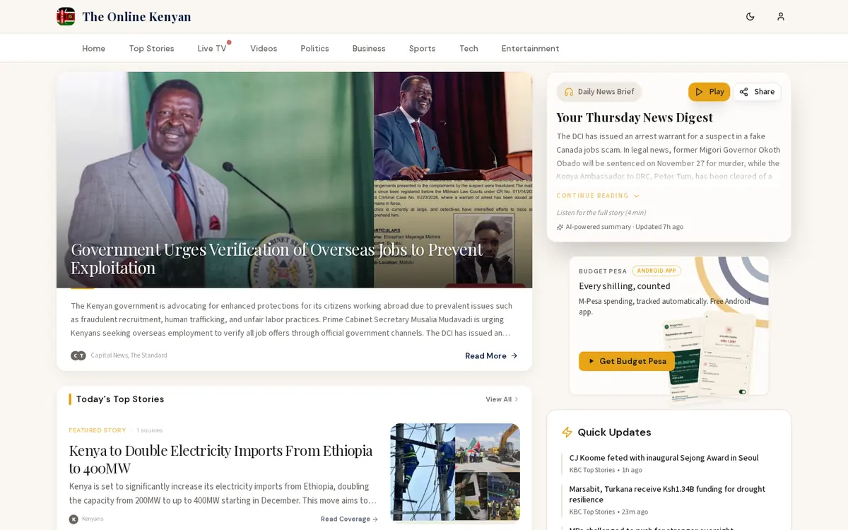 The Online Kenyan website homepage with the Daily News Brief and top stories